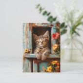 Little Kitten Sleeping in Garden Shed with Bloomin Postkarte (Stehend Vorderseite)