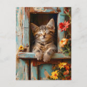 Little Kitten Sleeping in Garden Shed with Bloomin Postkarte (Vorderseite)