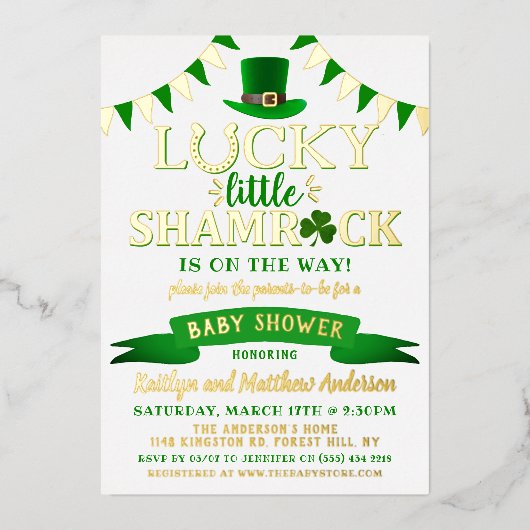 Little Kleeblatt St. Patrick's Day Baby Shower Rea Folieneinladung (Vorderseite)