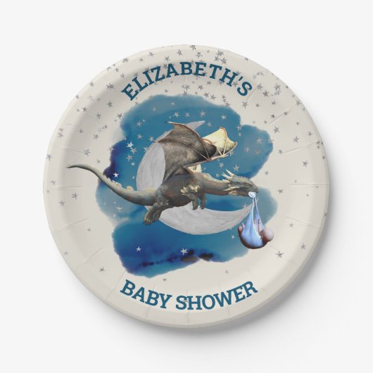 Little Knight Dragon Silver Star Baby Dusche Pappteller (Vorderseite)