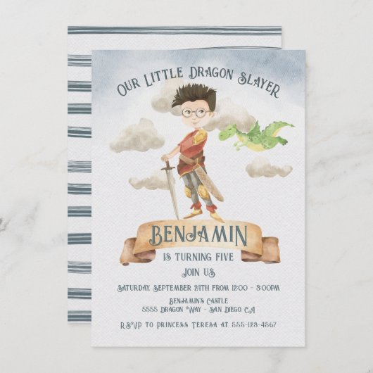 Little Knight Dragon Slayer Fairytale Birthday Inv Einladung (Vorne/Hinten)