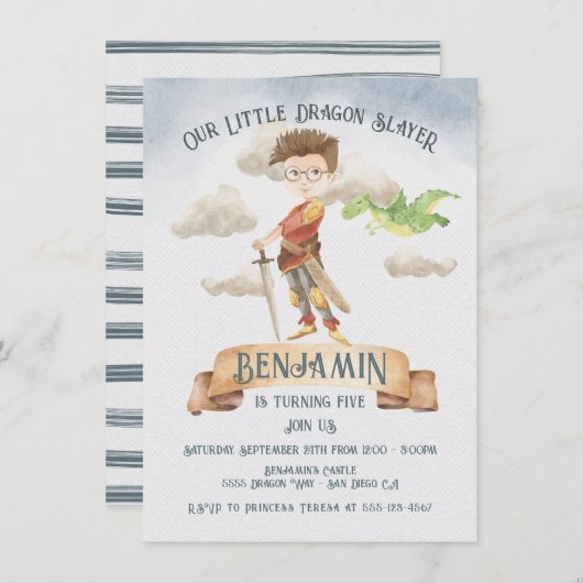 Little Knight Dragon Slayer Fairytale Birthday Inv Einladung (Vorne/Hinten)