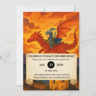 Little Knight Ride a Red Dragon Birthday Einladung