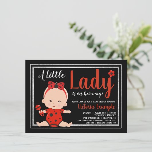 Little Lady Ladybug Baby Girl Babydusche Einladung (Stehend Vorderseite)