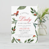 Little Lady Ladybug & Blätter Girl Baby Dusche Einladung (Stehend Vorderseite)