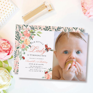 Little Lady Ladybug Rose Foto Girl 1. Geburtstag Einladung