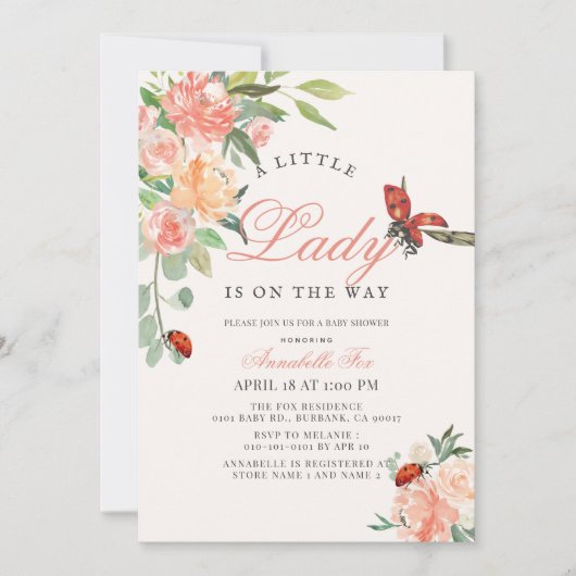 Little Lady Ladybug Rose Girl Baby Dusche Einladung (Vorderseite)