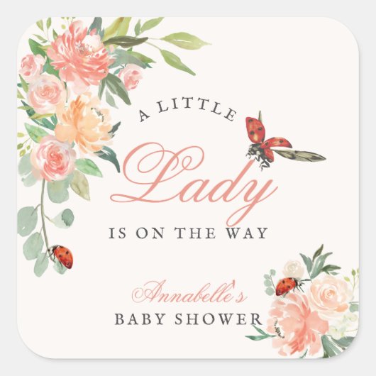 Little Lady Ladybug Roses Girl Baby Shower Quadratischer Aufkleber (Vorderseite)