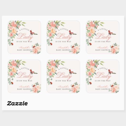 Little Lady Ladybug Roses Girl Baby Shower Quadratischer Aufkleber (Blatt)