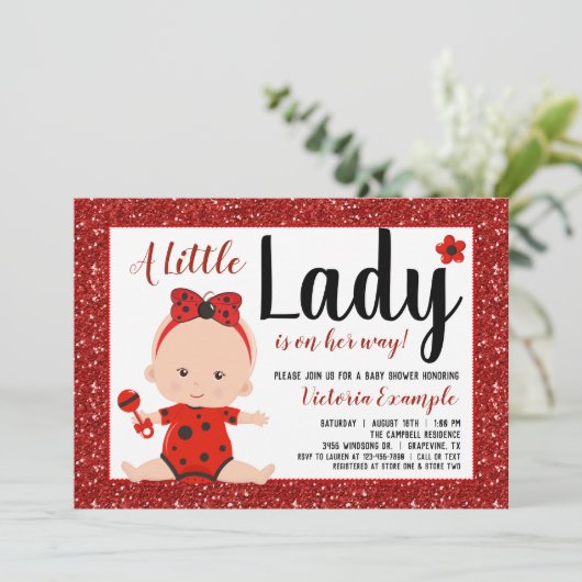Little Ladybug Baby Girl Babydusche Einladung (Stehend Vorderseite)