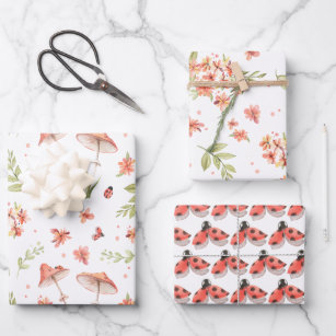 Little Ladybug Floral Watercolor Dreierpack Geschenkpapier Set