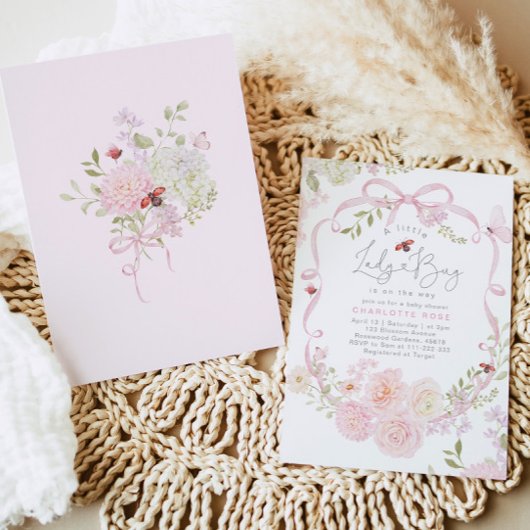 Little Ladybug Pink Bow Wildflower Baby Shower Einladung