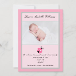 Little Ladybug Pink Gray Baby Girl Foto Birth Ankündigung
