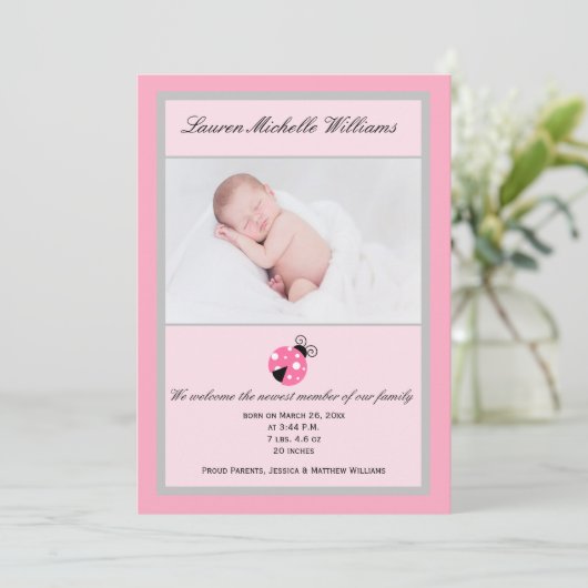 Little Ladybug Pink Gray Baby Girl Foto Birth Ankündigung (Stehend Vorderseite)