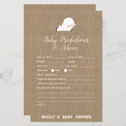 Little Lamb Baby Shower Game PRINTED (Vorne/Hinten)