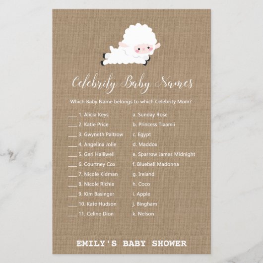 Little Lamb Baby Shower Game PRINTED (Vorderseite)