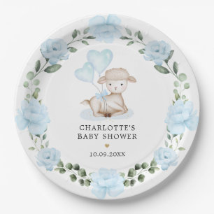 Little Lamb Blue Floral Greenery Baby Dusche Pappteller