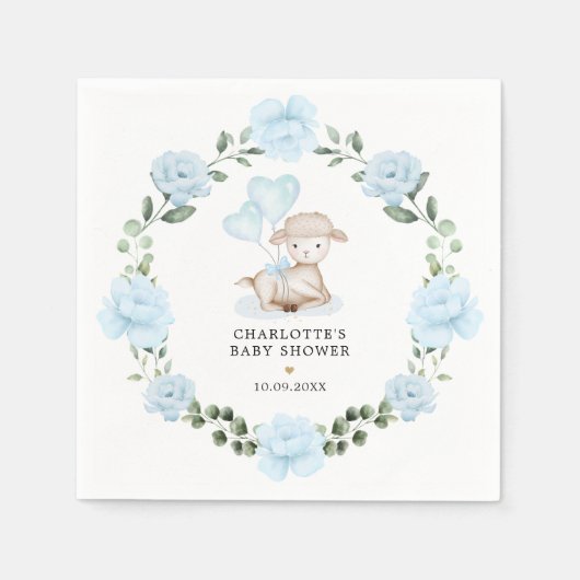 Little Lamb Blue Floral Greenery Baby Dusche Serviette (Vorderseite)