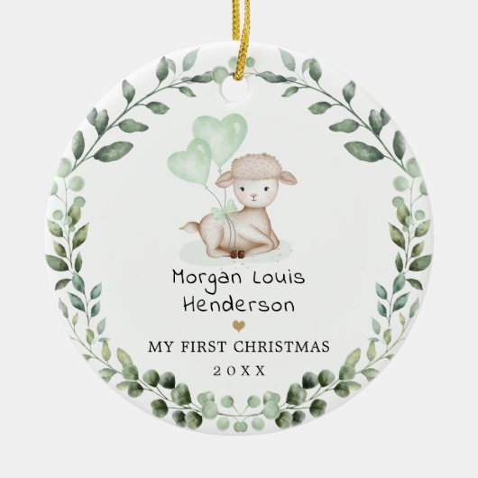 Little Lamb Greenery Wreath Baby First Christmas Keramik Ornament (Vorne)