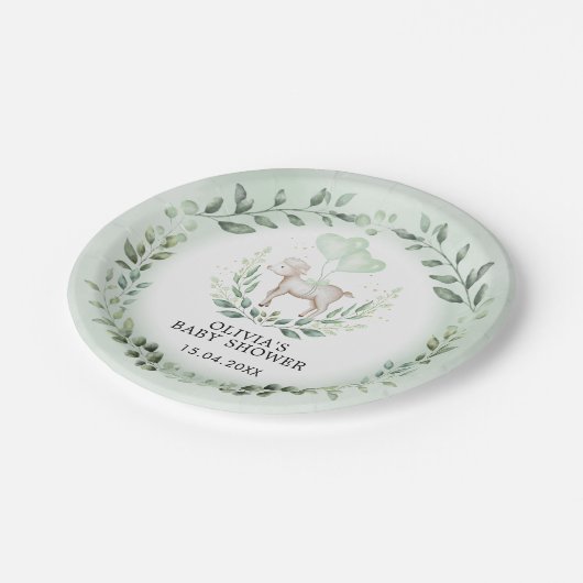 Little Lamb Spring Greenery Baby Sheep Dusche Pappteller (Schrägansicht)