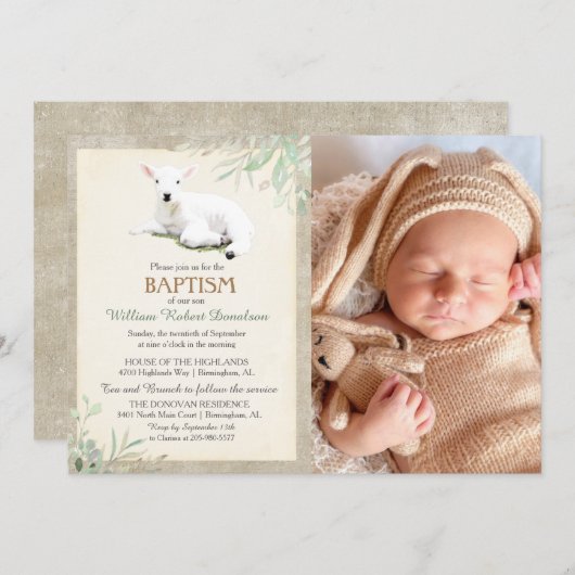 Little Lamb Taufe Foto Einladung (Vorne/Hinten)