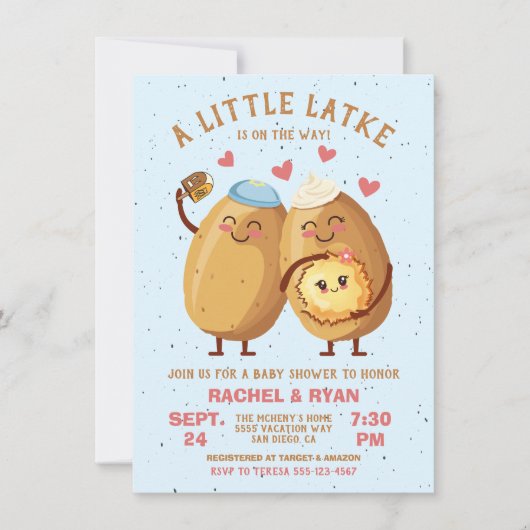 Little Latke Hanukkah Baby Girl Dusche Einladung (Vorderseite)