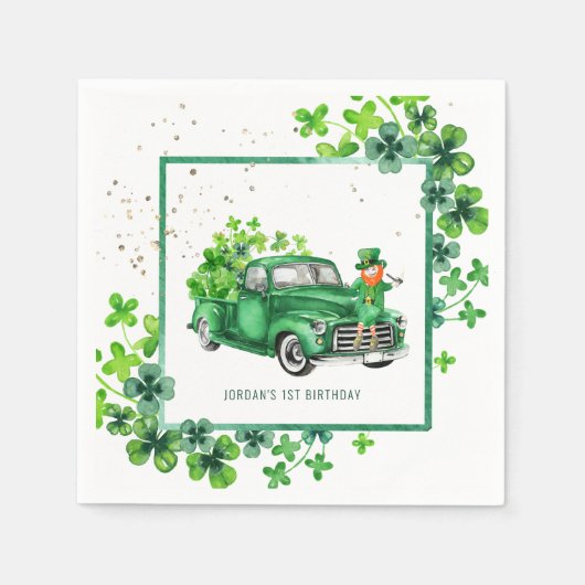 Little Leprechaun Kleeblatt Truck Geburtstagsparty Serviette (Vorderseite)