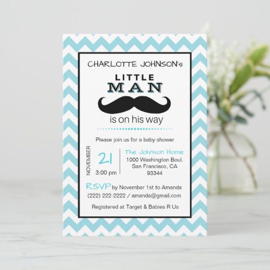Little Lil' Man Mustache Boy Blue Baby Dusche Einladung (Stehend Vorderseite)