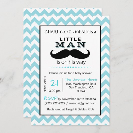 Little Lil' Man Mustache Boy Blue Baby Dusche Einladung (Vorne/Hinten)