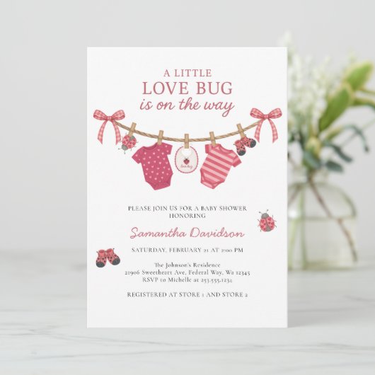 Little Love Bug Clothesline Baby Shower Einladung (Stehend Vorderseite)