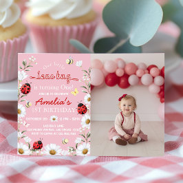Little Love Bug Daisy Floral Birthday Photo Invite Dankeskarte