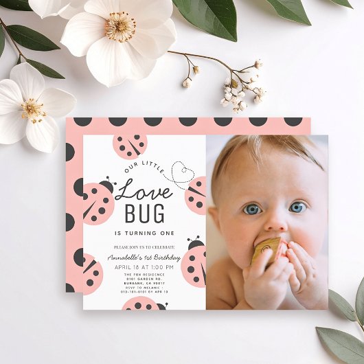 Little Love Bug Pink Ladybug 1st Birthday Photo Einladung