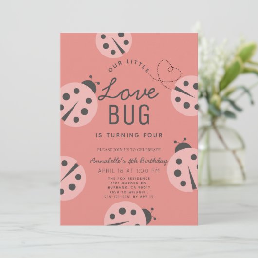 Little Love Bug Pink Ladybug Birthday Einladung (Stehend Vorderseite)