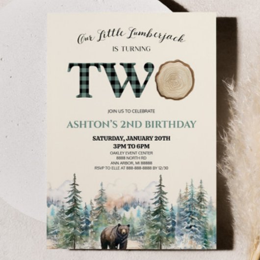 Little Lumberjack Bear Green 2. Geburtstag Party Einladung