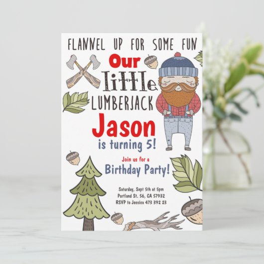 Little Lumberjack Boy zum Geburtstag Einladung (Stehend Vorderseite)