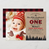 Little Lumberjack First Birthday Party Baby Foto Einladung (Vorne/Hinten)