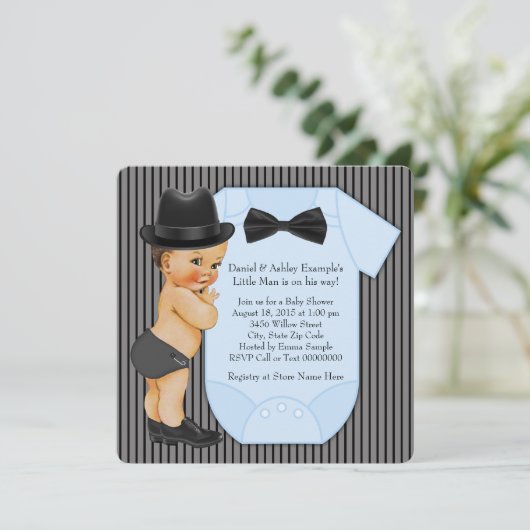 Little Man Baby Boy Dusche Einladung (Stehend Vorderseite)