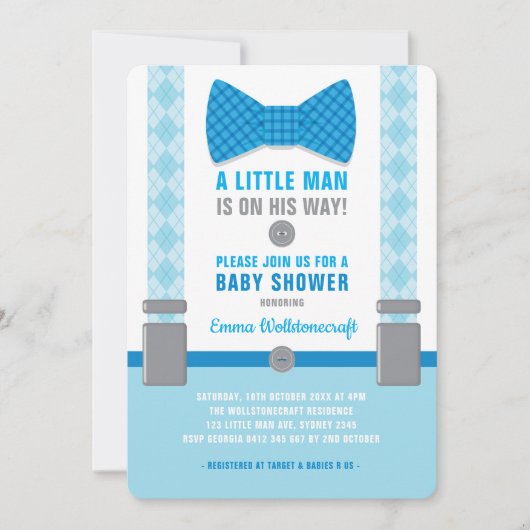 Little Man Baby Shower Einladung Blue Bowtie (Vorderseite)