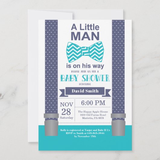 Little Man Baby Shower Einladung Navy Aquamarin Aq (Vorderseite)