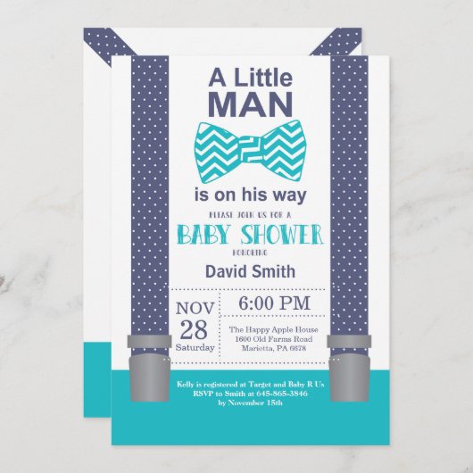 Little Man Baby Shower Einladung Navy Aquamarin Aq (Vorne/Hinten)