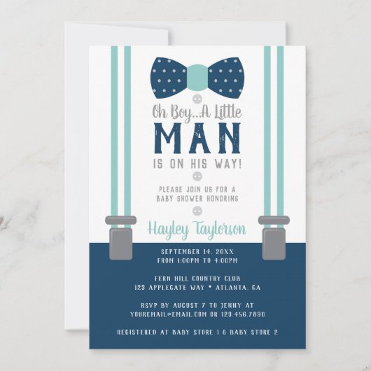 Little Man Baby Shower Einladung, Navy Blue, Aqua Einladung (Vorderseite)