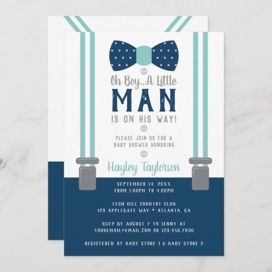 Little Man Baby Shower Einladung, Navy Blue, Aqua Einladung (Vorne/Hinten)