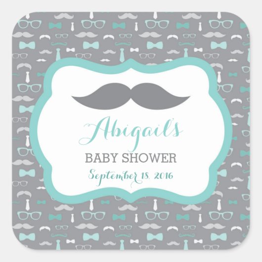 Little Man Baby Shower Sticker, Aquamarin, Aqua, G Quadratischer Aufkleber (Vorderseite)