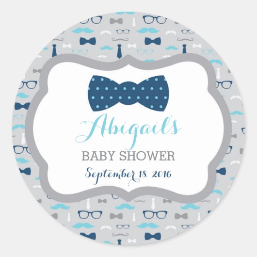 Little Man Baby Shower Sticker, Baby Blue, Navy Runder Aufkleber (Vorderseite)