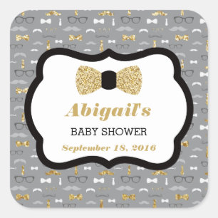 Little Man Baby Shower Sticker, Gold, Grau, Schwar Quadratischer Aufkleber