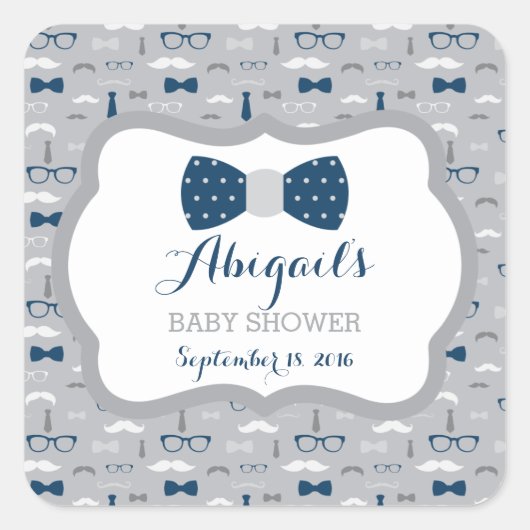 Little Man Baby Shower Sticker, Navy Blue, Grau Quadratischer Aufkleber (Vorderseite)