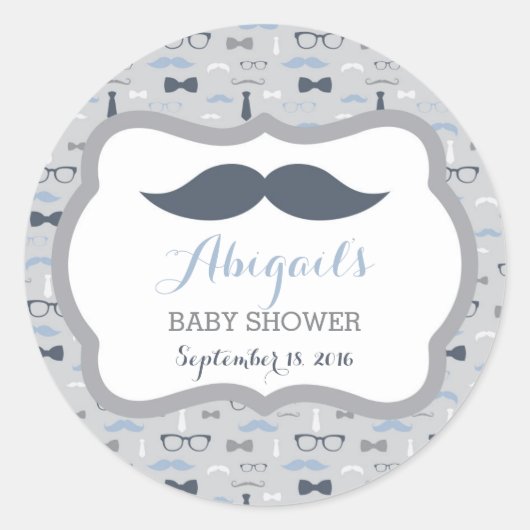 Little Man Baby Shower Sticker, Navy Blue, Grau Runder Aufkleber (Vorderseite)