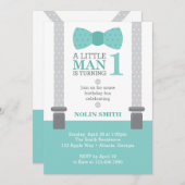 Little Man Birthday Party, Aquamarin, grau, Einladung (Vorne/Hinten)
