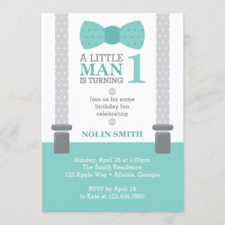 Little Man Birthday Party, Aquamarin, grau, Einladung