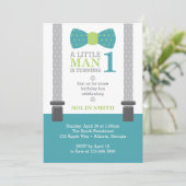 Little Man Birthday Party, Aquamarin, grau, grün Einladung (Stehend Vorderseite)